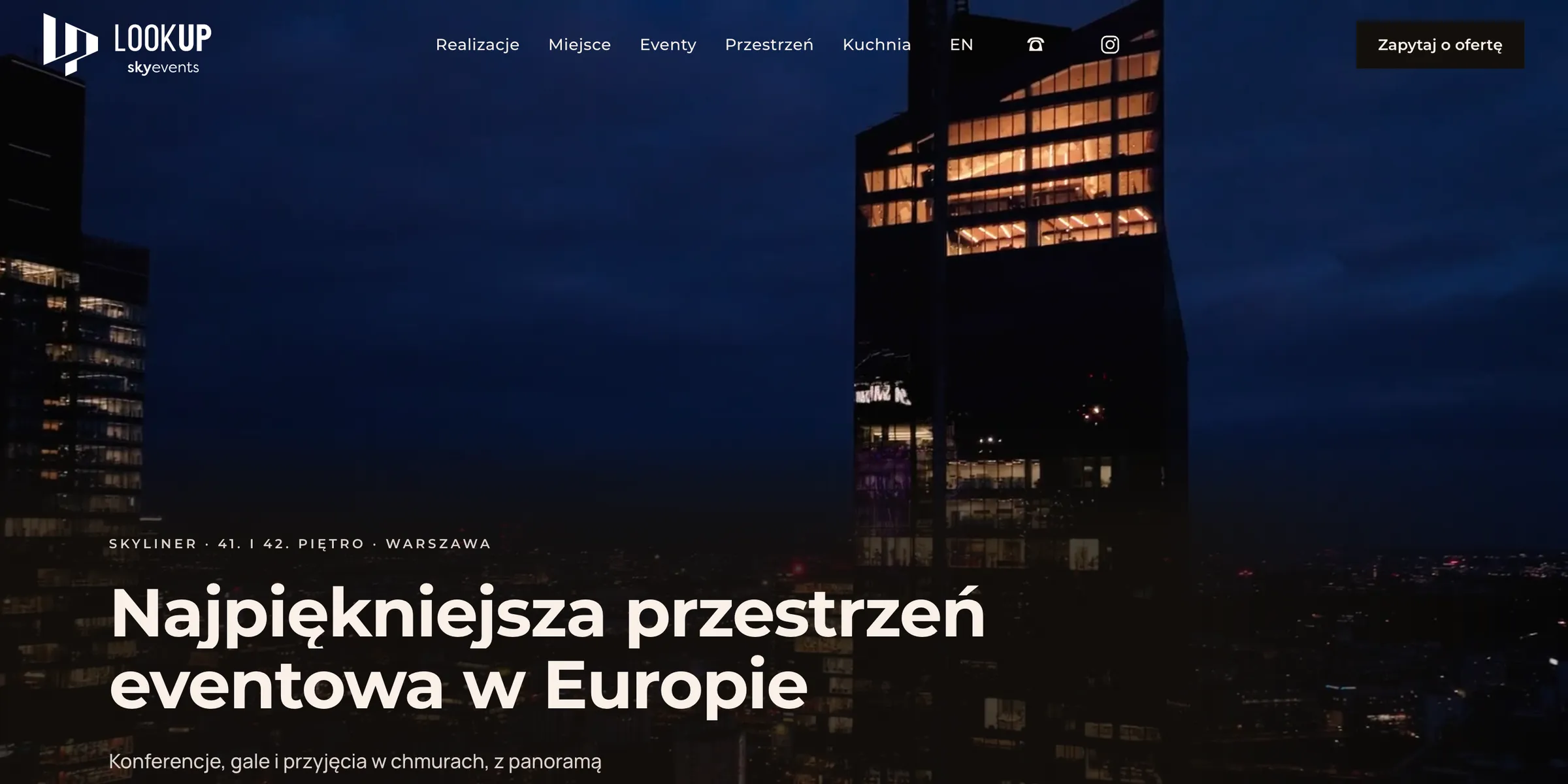 LookUp! Events website: Warsaw at night with the Skyliner tower and the headline “The most beautiful event space in Europe”.