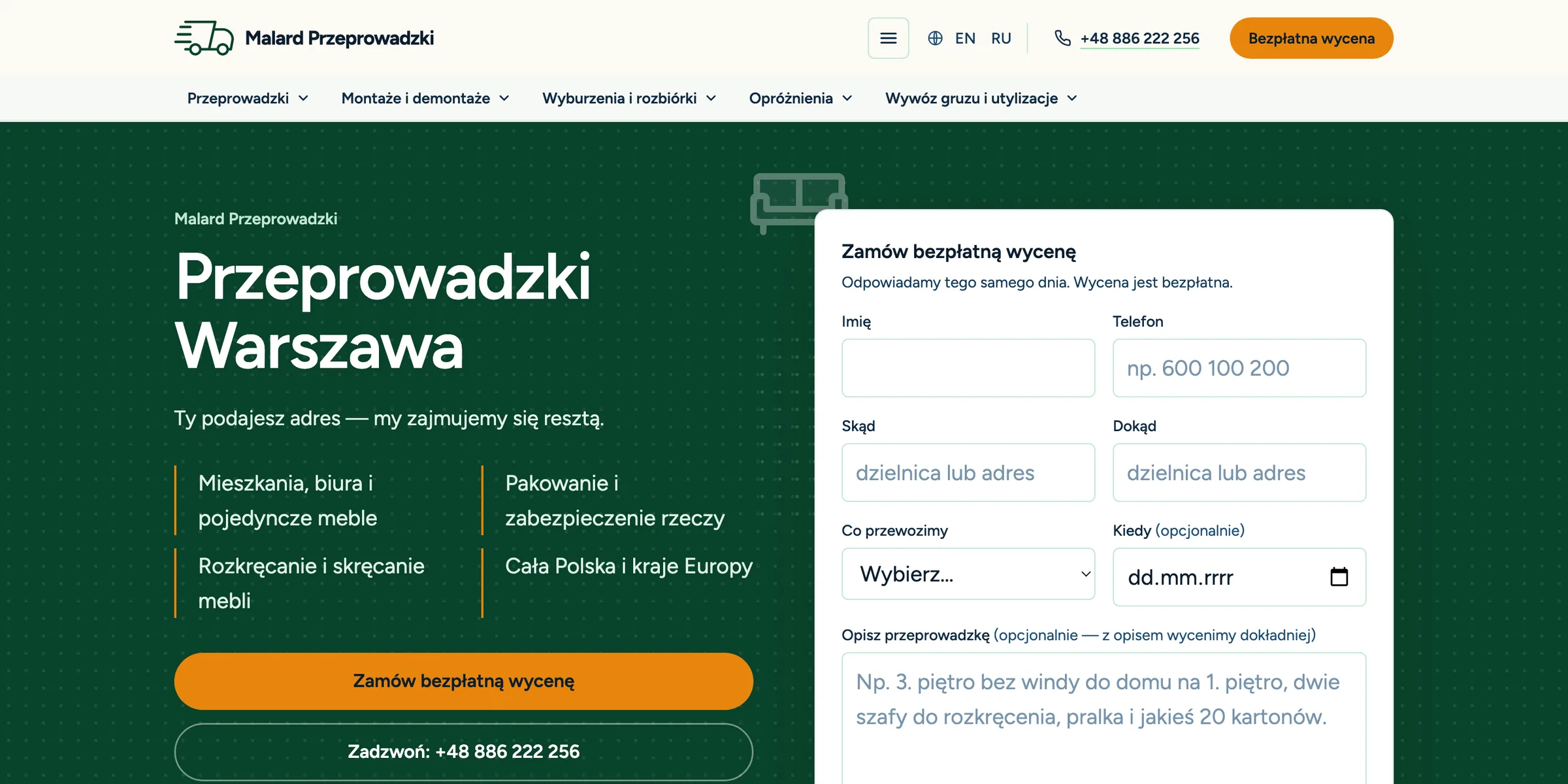 Malard Przeprowadzki website: the headline “Przeprowadzki Warszawa” with a free-quote form next to it.
